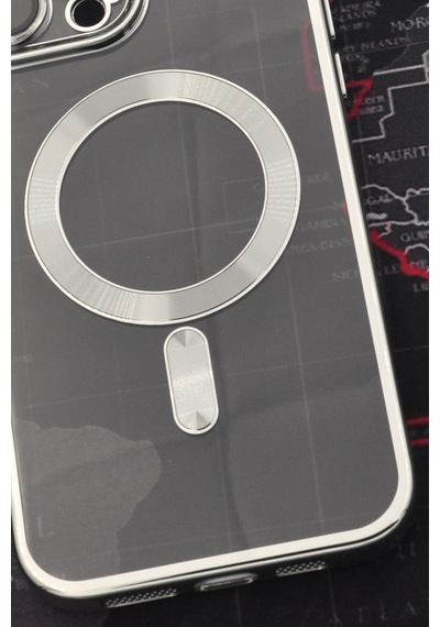 Apple Uyumlu iPhone 13 Pro Max Magsafe Özellikli Gümüş Gri Silver Renkli Kenarlı Lazerli Şeffaf Kılıf Lens Korumalı