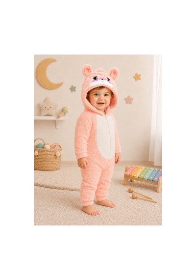 Tatlı Ayıcık Desenli Welsoft Peluş Kapüşonlu Fermuarlı Kışlık Unisex Bebek Tulumu 40197 Somon