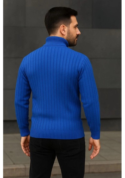 Efnaz Style Erkek Balıkcı Yaka Bağazlı Triko Kazak Pamuklu Kalın Fitilli Dokuma, Regular Fit Uzun Kollu Kışlık Model - Saks Mavisi