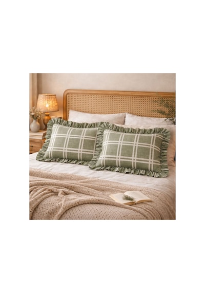 Fırfırlı Yastık Kılıfı 2 Li Set Tek Kişilik %100 Organik Pamuk 50x70 Cm 8 Farklı Desen Seçenekli Yeşil Ekose