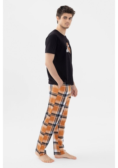 Koza İç Giyim Erkek Kısa Kollu Pamuklu Ekose Desenli Ayıcık Baskılı Pijama Takımı Ko60101 Turuncu