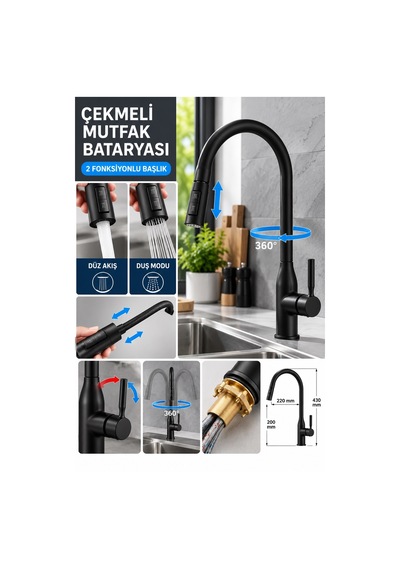 Alfas Çekmeli Mutfak Bataryası Pirinç Gövde 360 Döner, 2 Fonksiyonlu Spiralli Eviye Bataryası Siyah
