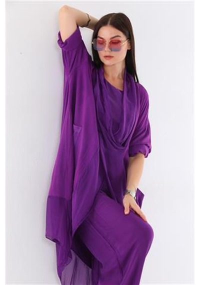 Italyan Ipek Detaylı Oversize Kap Bluz- Wes Pantolon Takım Mor