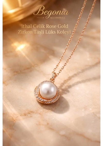 İthal Çelik Rose Gold Kolye Zincir Set Figürlü Zirkon Taşlı Paslanmaz Kararmaz Unisex 45cm+5cm Boy - 15 Rose Gold