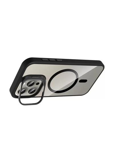Apple iPhone Uyumlu 15 Pro Max Remim Lensli Magsafe Standlı Kapak - Siyah Bz8683140888039