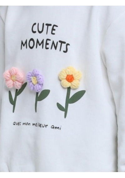 Kız Çocuk Örgü Çiçek Desenli Sweatshirt-14297 Beyaz