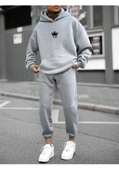 Vip Eşofman Takımı Sweatshirt Jogger - Gri Baskılı Oversize Şardonlu Kapüşonlu Gri