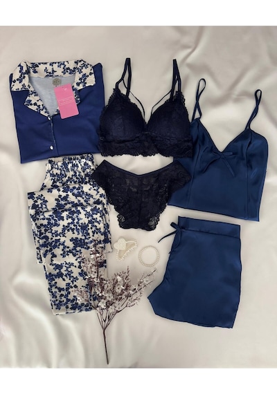 Mh Moony Homewears Kutulu 6'lı Konjectur Saten Penye Pijama Takımı Iç Giyim Çeyiz Seti Lacivert