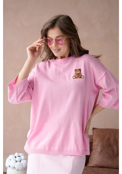 Park Karon 10729 Kadın Bisiklet Yaka Nakış Detay Oversize Trko Kazak Pembe