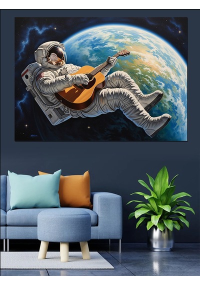 Uzayda Gitar Çalan Astronot Ve Dünya Dekoratif Kanvas - Mdf Ahşap Tablo
