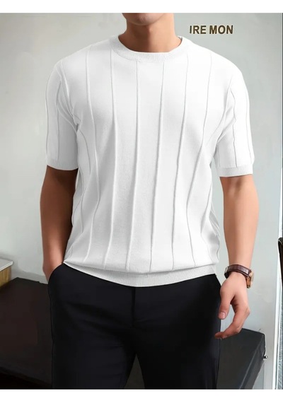 Erkek Slim Dar Bisiklet Yaka Düz Triko T-shirt Beyaz