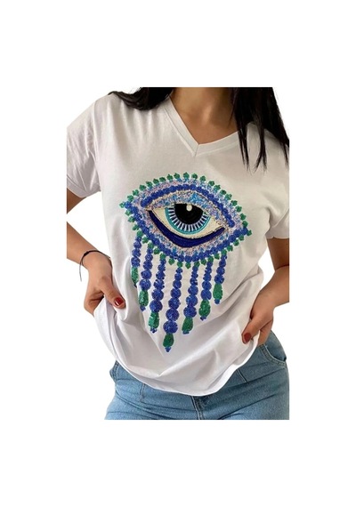 Cassime Kadın Beyaz V Yaka Göz Pul Payet Işlemeli %100 Pamuk Tişört S-m-l-xl-2xl-3xl