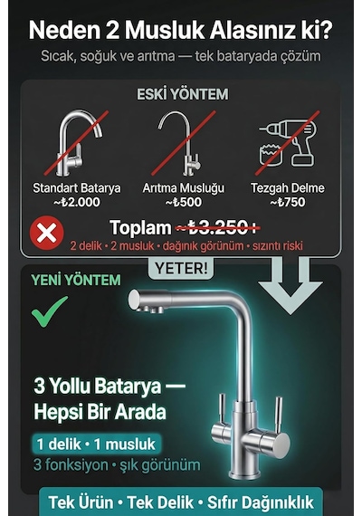 Watalina Lüks Üç Yollu Musluk, Su Arıtma Cihazı Uyumlu, Krom Kaplama, 315 X 270 Mm Diğer
