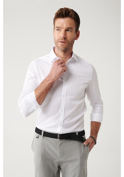 Avva Erkek Beyaz Gömlek Klasik Yaka %100 Pamuk Saten Slim Fit Dar Kesim  B002006 Beyaz