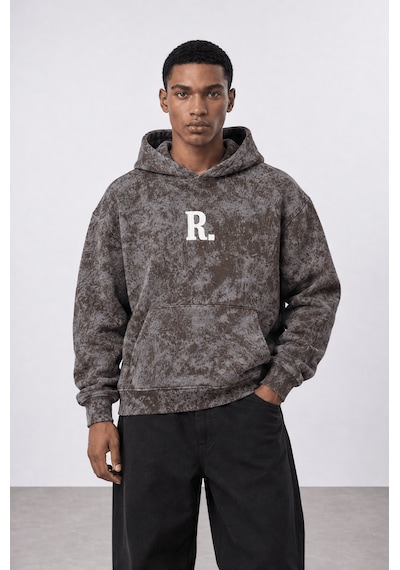 Respire Erkek Revere Nakışlı Yıkamalı Oversize Hoodie Kahve