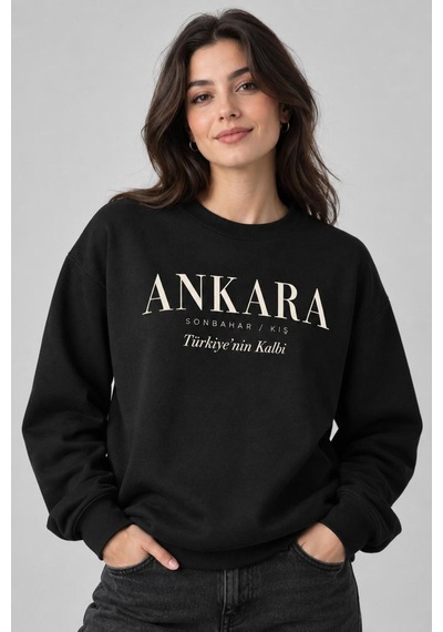 Gıovera Ankara Şehir Yazılı Bisiklet Yaka Kadın Sweatshirt siyah