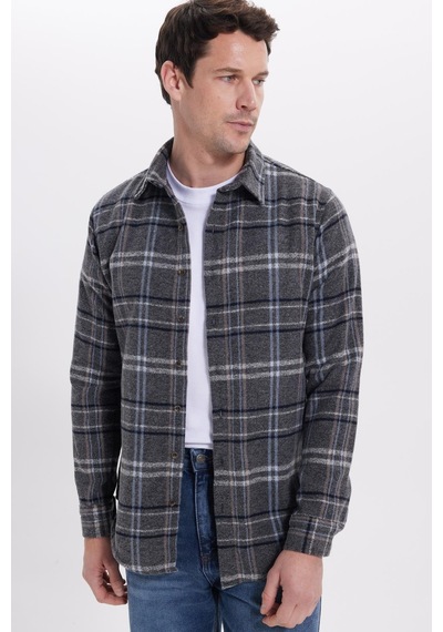 Tudors Erkek Slim Fit Dar Kesim Kareli Kışlık Oduncu Gömlek-42220 Gri