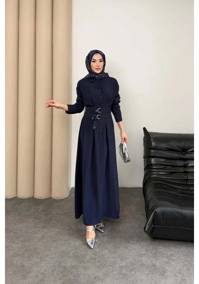 Mihran Butik Valeno Model Coupra Model Kumaş Kemer Detaylı Elbise Lacivert