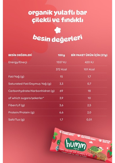 Humm Organic Organik Vegan Çilekli Ve Fındıklı Yulaf Bar 12 x 27 G