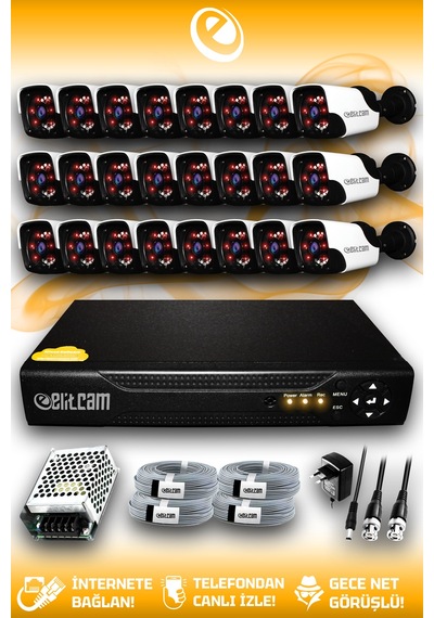 Elitcam 24 Kameralı Panda 24 Dış Kamera Set HDD'siz Full HD Gece Görüşlü Güvenlik Kamerası Sistemi