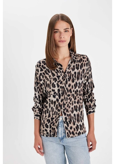 Defacto Regular Fit Leopar Desenli Poplin Uzun Kollu Gömlek D3148AX24AUBK81 Siyah
