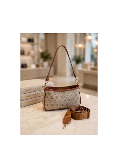 Names Bag Kadın Lüks Tasarım Monogram/desenli Çift Askılı Kumaş/deri Detaylı El Ve Omuz Çantası Kahverengi