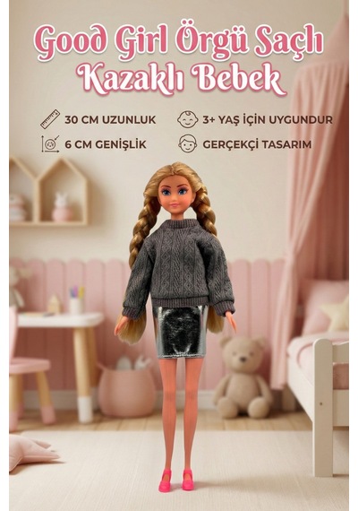 Good Girl Örgü Saçlı Kazaklı Model Oyuncak Bebek 30 Cm - Kış Serisi Tarz Bebekler Krem/gri