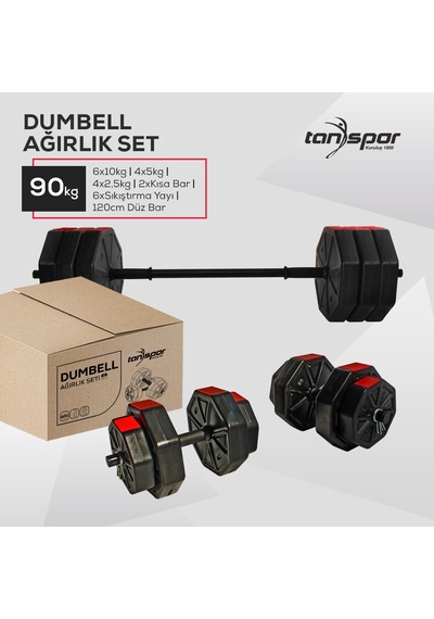Tan Spor 90 KG Dambıl Halter Kısa Bar + Düz Bar Seti Sarı Kapaklı 150 CM