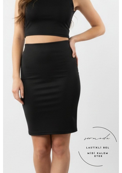 Sermoda Kalem Etek - Bel Lastikli Slim Fit Midi Kalem Etek Ks Siyah Us Siyah