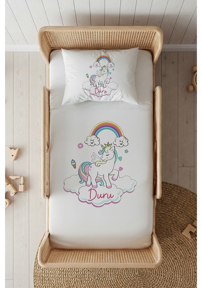 %100 Pamuk Saten İsme Özel İsimli 100x200 Tek Kişilik Lastikli Çarşaf Seti Unicorn Beyaz
