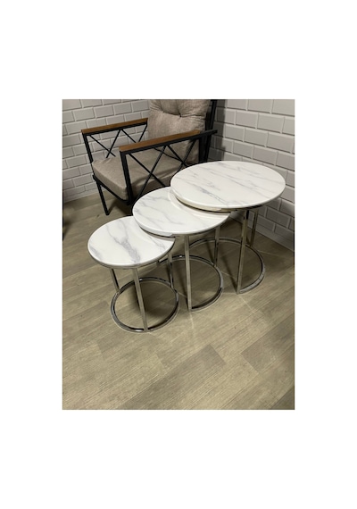 Usta Mekan Gümüş Metal Beyaz Mermer Desen Mdf Tabla Zigon Sehpa Gümüş Beyaz Mermer