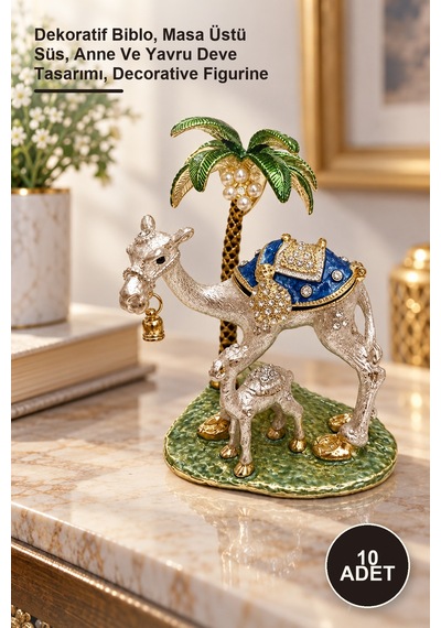 10 Adet Taşlı Yavrulu Deve Figürü Dekoratif Biblo, Masa Üstü Süs, Anne Ve Yavru Deve Tasarımı, Decorative Figurine