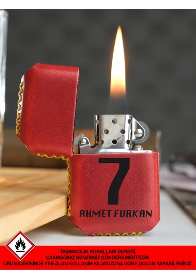 Hakiki Deri Kılıflı Sarı Kırmızı Taraftar Benzinli Çakmak