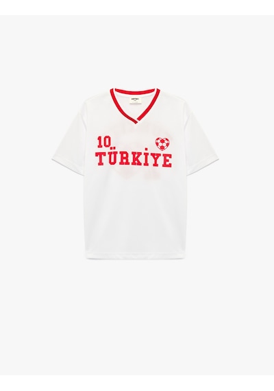 Koton Futbol Temalı V Yaka Kısa Kollu Tişört Beyaz 7wkg10350ak
