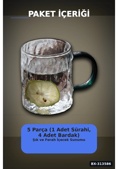 Kulplu 1800 Ml Cam Sürahi Ve 350 Ml 4 Bardak Seti - 5 Parça Şeffaf Bx-313586