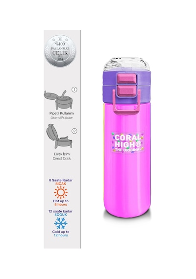 Coral High Kids Çok Renkli Desenli Pipetli Ve Direkt İçim Çelik Termos 500 Ml 31876 Pastel Pembe