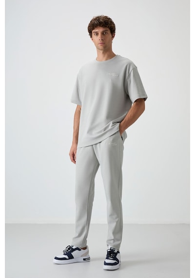 Tommy Life Taş Pamuklu Kalın Yumuşak Dokulu Oversize Fit Nakışlı Erkek Eşofman Takım - 85252 Taş Rengi Taş