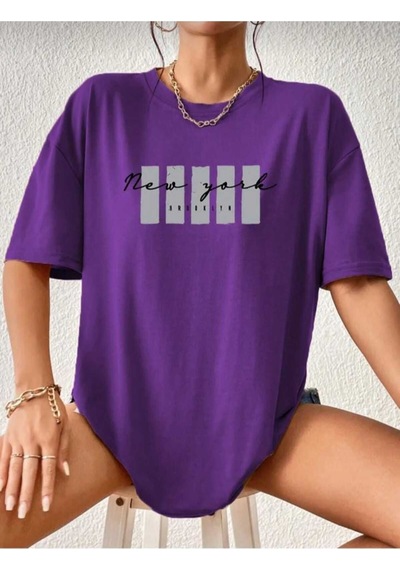 Kozia Outdoors Malkoçbey Newyork Broklıyn Baskılı Overisze Unisex Basic T-shirt Mor