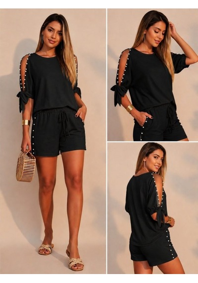 Efnaz Style Kadın Kısa Kollu Bisiklet Yaka Yarı Açık Omuz Inci Detaylı Şort T-shirt Viskon Ikili Takım Siyah Efnaz Style Kadın Kısa Kollu Bisiklet Yaka Yarı Açık Omuz Inci Detaylı Şort T-shirt Viskon Ikili Takım Siyah