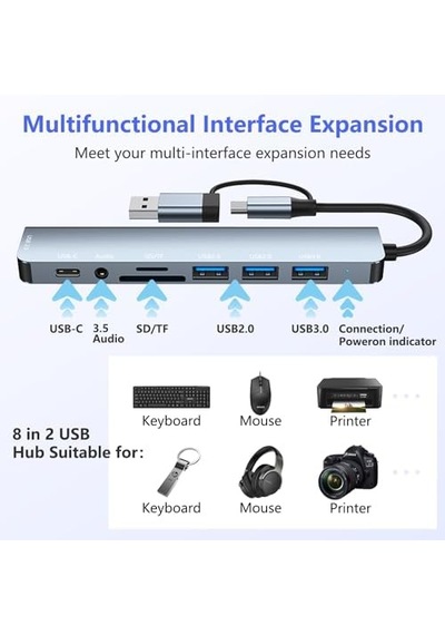 Loydia Usb C Hub, 8'i 1 Arada Usb Hub 3.0 Çok Portlu Adaptör, Usb 3.0 Bağlantı Noktaları, Sd/tf Kart Okuyucu, Usb-c Ve 3 X Usb 2.0 Veri Bağlantı Noktaları, 3,5 Mm Ses Bağlantı Noktaları, Macbook Air