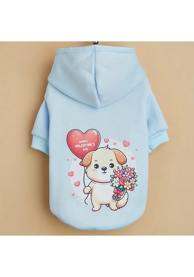 Kedi Ve Köpek İçin Sevgililer Günü Açık Mavi Kapüşonlu Sweatshirt