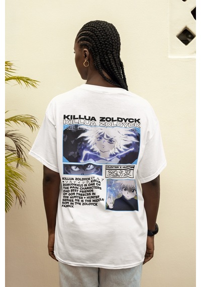 Hunter X Hunter Killua Zoldyck Sırt Baskılı Unisex Oversize Anime Beyaz