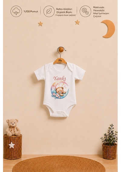 Pia Baby Kişiye Özel Kız Bebek 2'li Body Zıbın %100 Pamuk Organik Baskılı Çıtçıtlı İsimli Bebek Seti 1110b22x Ekru