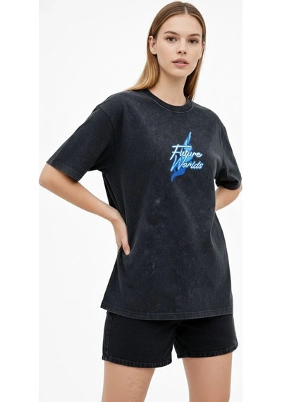 Kadın Asit Yıkamalı Oversize Tişört Bisiklet Yaka Kısa Kol T-shirt - Siyah