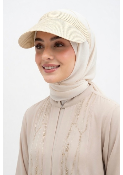 Mollycrush Kadın Luxury Krem Rengi Taç Model Hasır Vizör Şapka Tesettür Uyumlu Tenis Golf Siperlik Krem