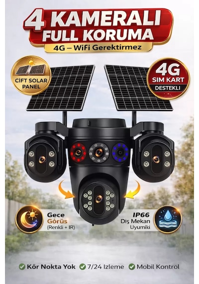 Esvision 7020 4 Lensli 4G Çift Solar Panel 16x Zoom Dual Batarya Hieasy Aov Sürekli Kayıt Gece Görüş Çift Yönlü Ses Akıllı Kamera
