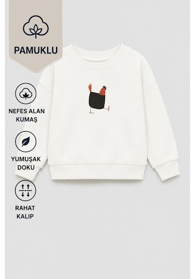 Monila Unisex Çocuk 3 İplik Kumaş Pamuklu Tavuk Baskılı Sweatshirt Ekru
