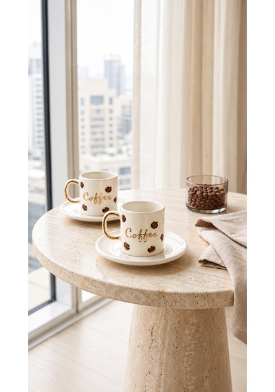 Coffee Kahve Çekirdeği 2 Li Türk Kahvesi Fincan Seti El Yapımı 24k Altın Detaylı Kahverengi - Altın