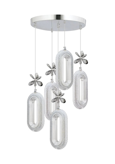 Led Alfa 5'li Gümüş 3 Renk Ledli Kristal Taşlı Modern Led Avize Krom