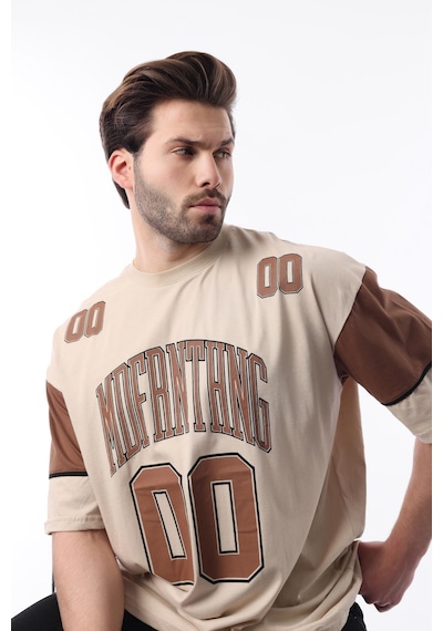 Madmext Bej Baskılı Pamuklu Oversize Erkek T-shirt 7035 Bej